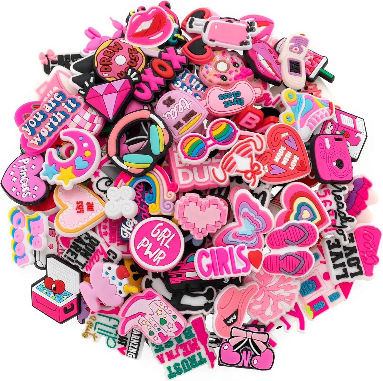 30,50,100pcs Random Pink Shoe Charms Kawaii Shoe Accessories for Girls Teens Cute Clog Sandals Decor Lovely Gift Wristband Bracelet Charms Party Favors