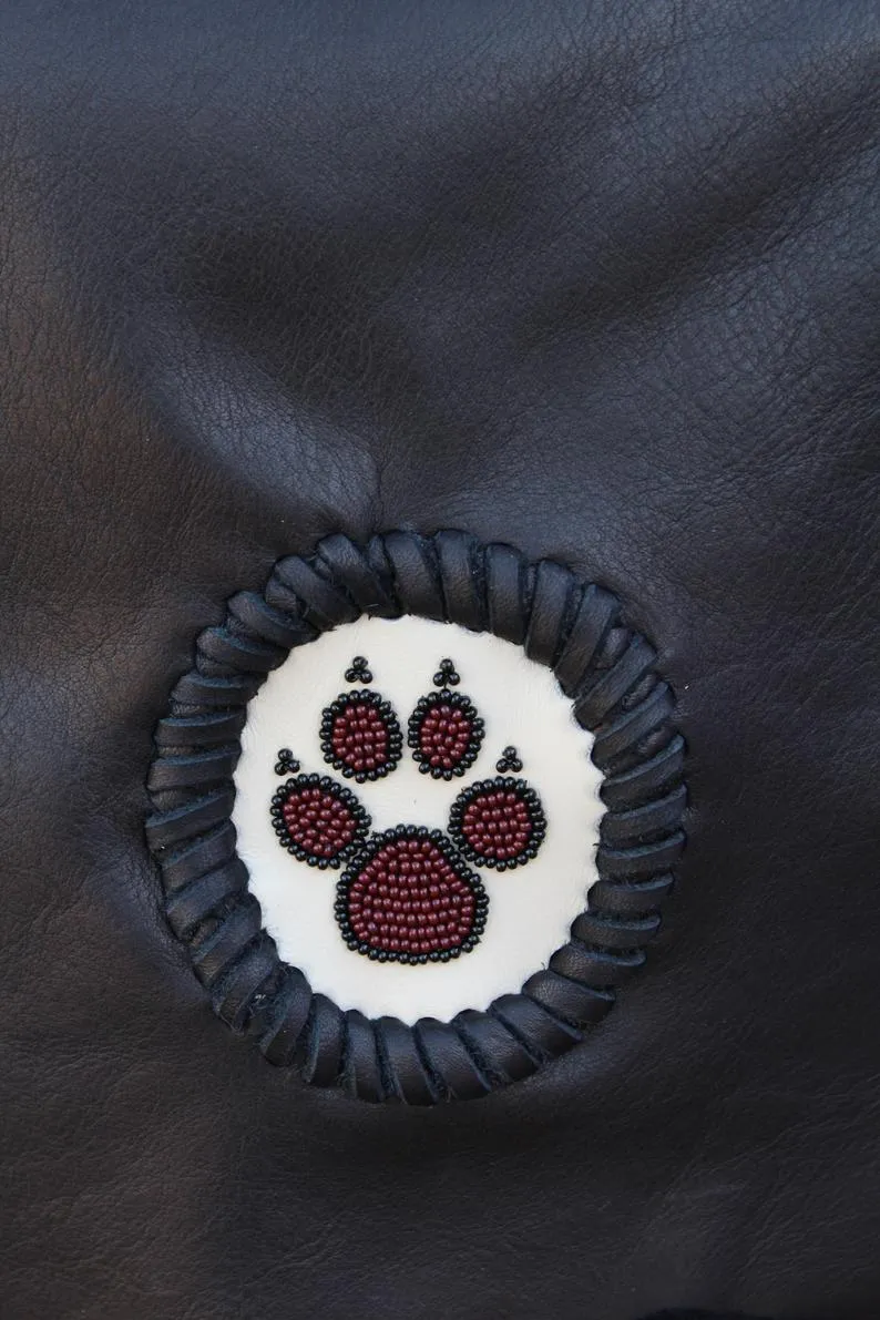 Stylish Black Fringed Handbag with Elegant Beaded Wolf Paw Design