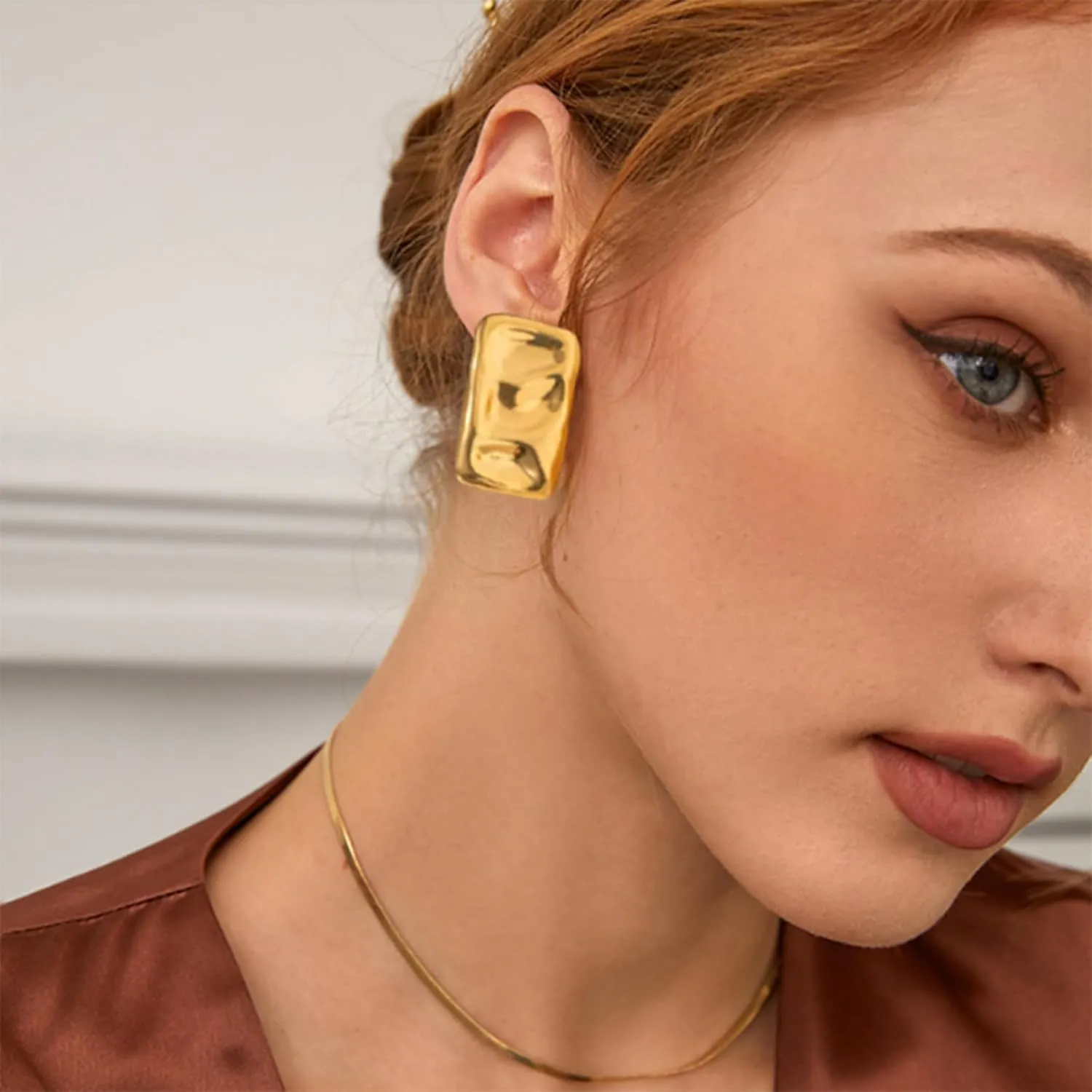 Chunky Gold Rectangle Stud Earrings for Women, Dainty Thick Stud Earrings, Minimalist Geometric Earrings for Women