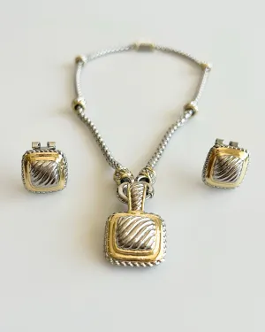 Chunky Two Tone Square Pendant Necklace Set