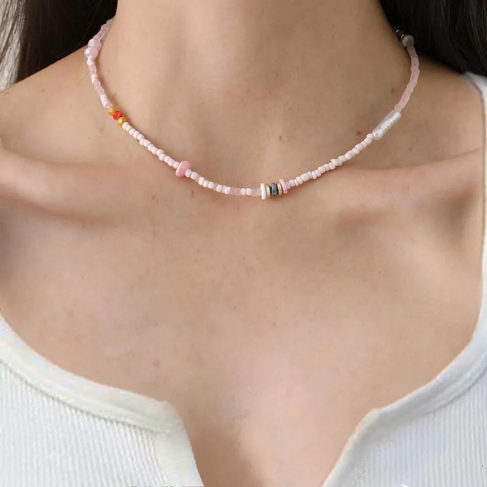Colorful Beaded Necklaces for Women Crystal Bead Necklace Beach Necklaces Boho Necklaces for Women Pearl Beaded Choker Necklace Stainless Steel 18K Gold Plated Choker