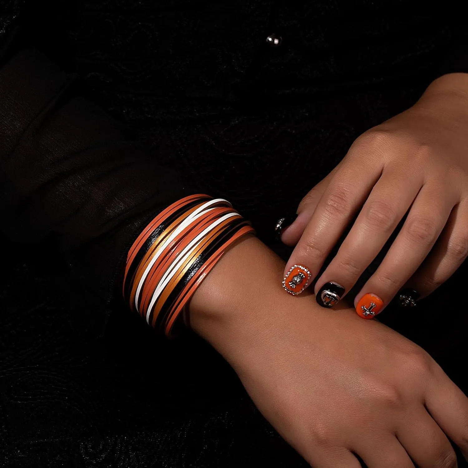 Halloween Leather Bracelets Boho Wrap Cuff Bracelets Stackable Multi Stand Bracelets Orange Black Jewelry Halloween Party Favors for Women