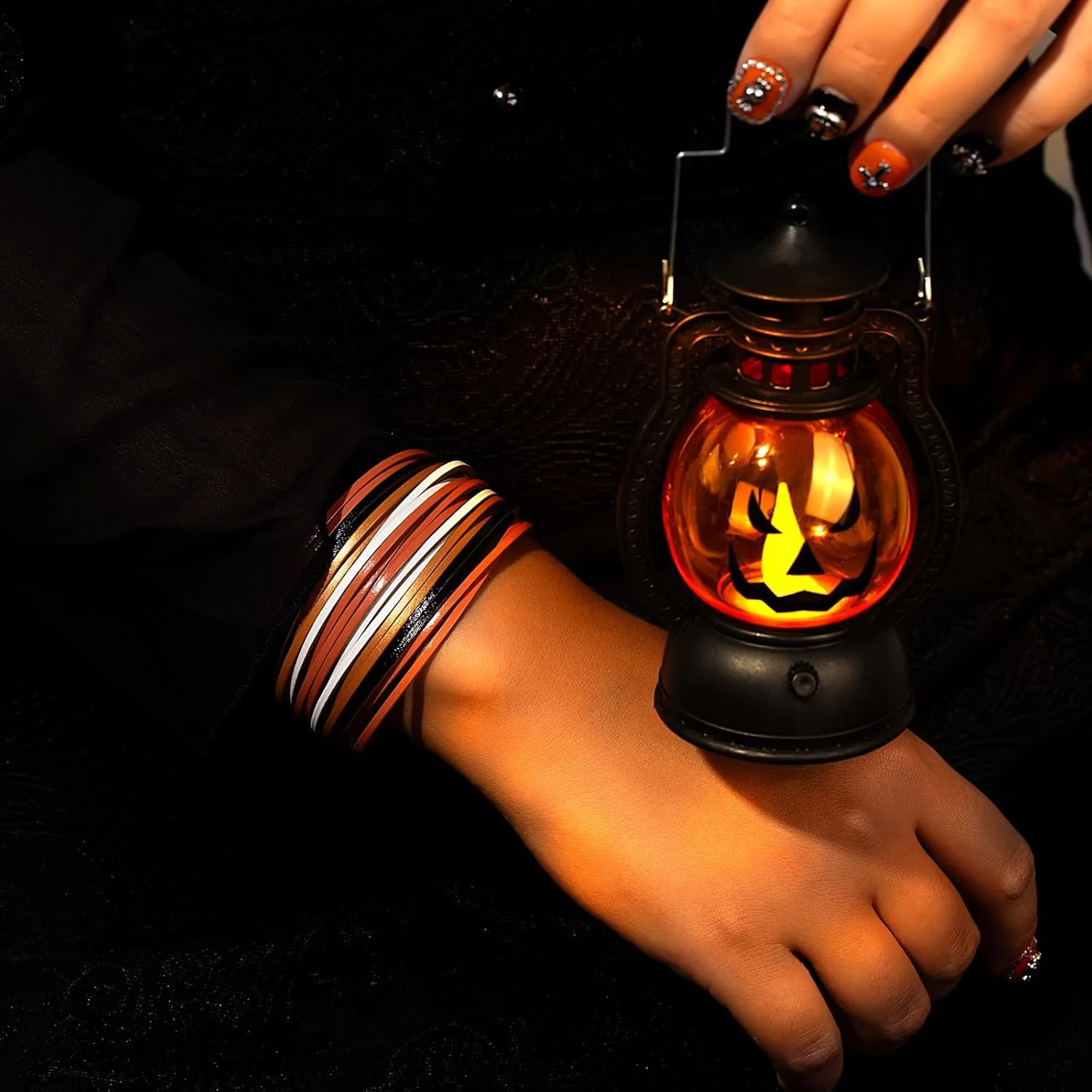Halloween Leather Bracelets Boho Wrap Cuff Bracelets Stackable Multi Stand Bracelets Orange Black Jewelry Halloween Party Favors for Women