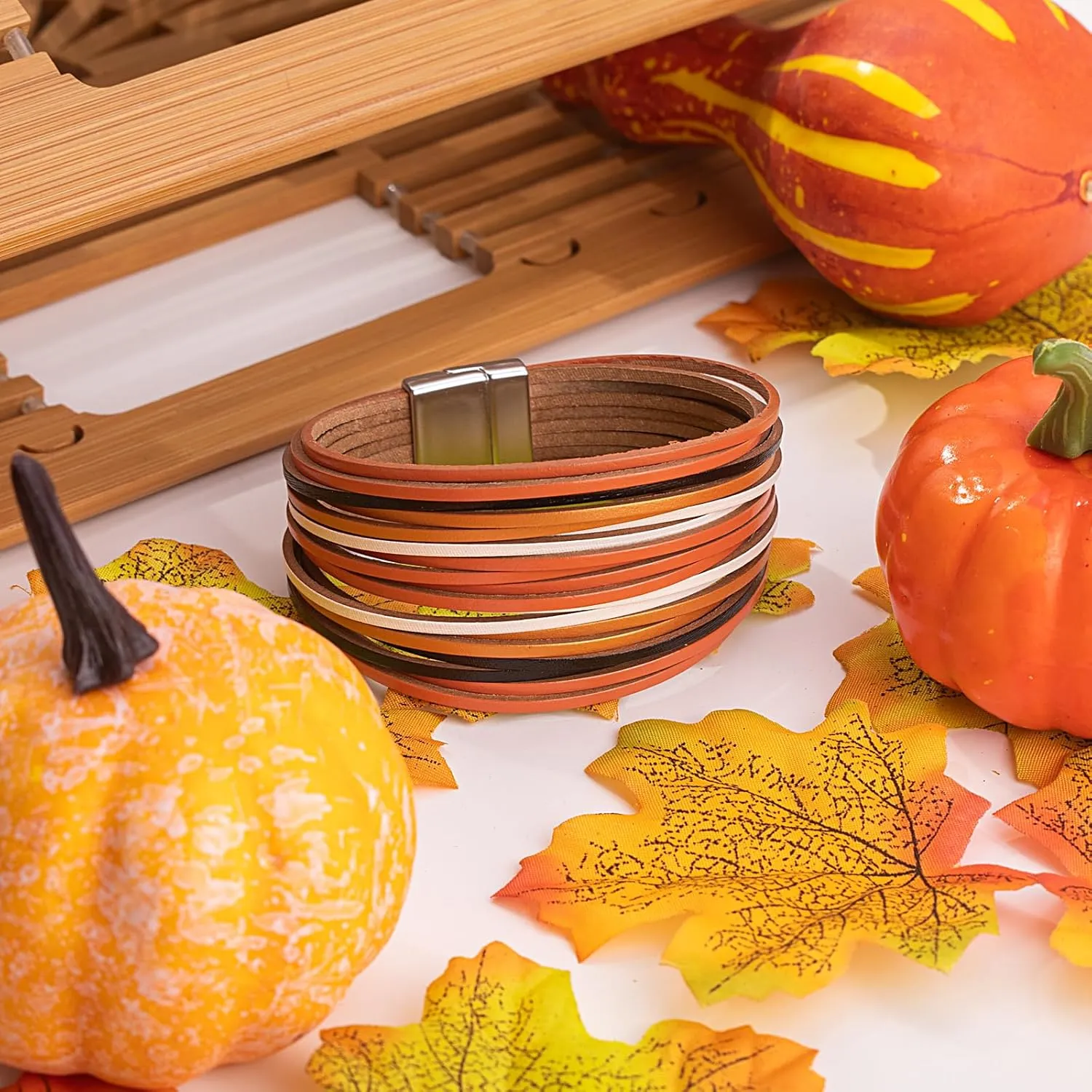 Halloween Leather Bracelets Boho Wrap Cuff Bracelets Stackable Multi Stand Bracelets Orange Black Jewelry Halloween Party Favors for Women