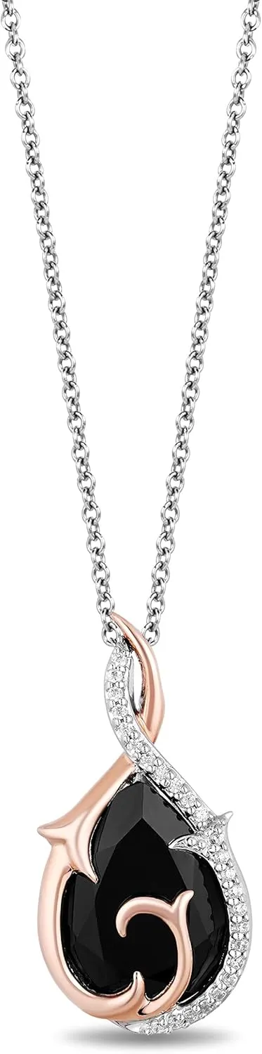 Jewelili Disney Villain Maleficent Inspired Drop Necklace Pendant for Women with 1/10 CTTW Black Spinal and Diamonds in 10K Rose Gold Enchanted Disney Fine Jewelry