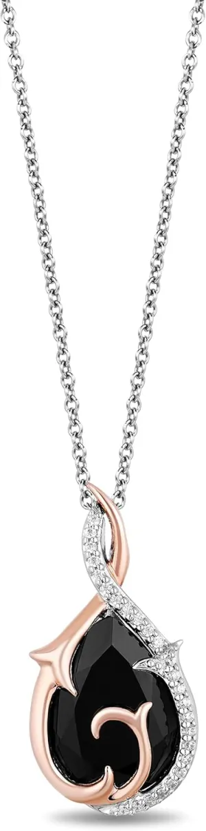 Jewelili Disney Villain Maleficent Inspired Drop Necklace Pendant for Women with 1/10 CTTW Black Spinal and Diamonds in 10K Rose Gold Enchanted Disney Fine Jewelry