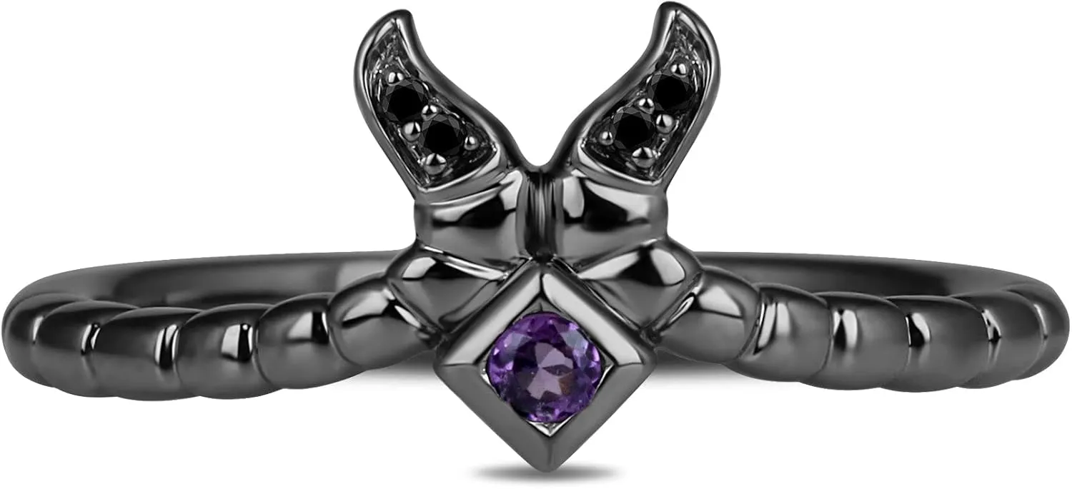 Jewelili Enchanted Disney Fine Jewelry Black Rhodium over Sterling Silver 2MM Round Amethyst and Heat Treated Black Diamond Accent Maleficent Villain Ring