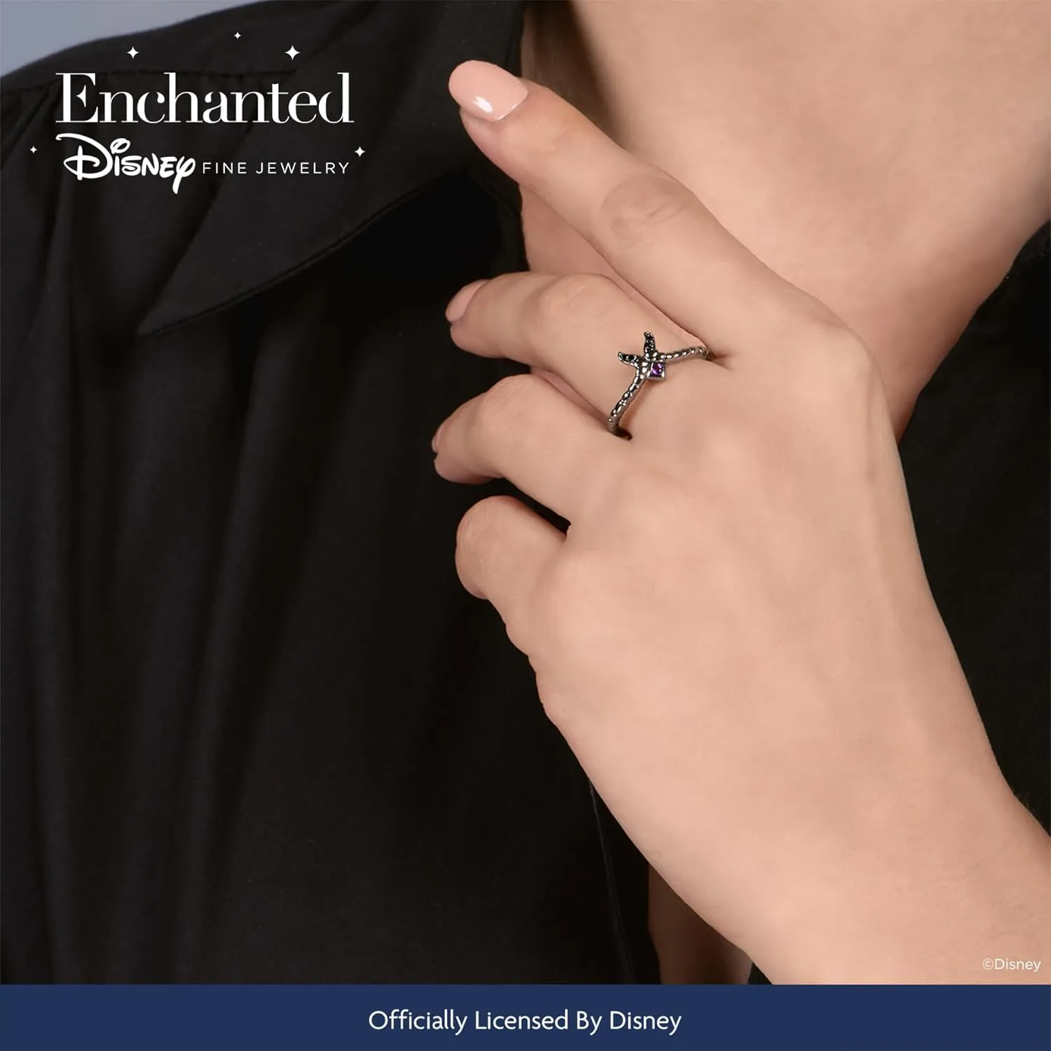 Jewelili Enchanted Disney Fine Jewelry Black Rhodium over Sterling Silver 2MM Round Amethyst and Heat Treated Black Diamond Accent Maleficent Villain Ring