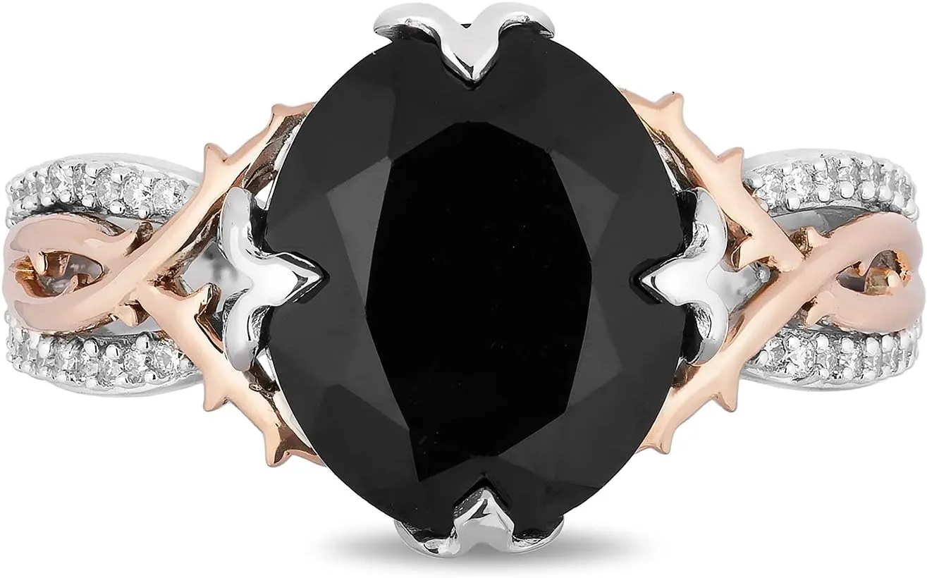 Jewelili Enchanted Disney Fine Jewelry Sterling Silver And 10K Rose Gold 1/10 Cttw And Black Onyx Maleficent Ring