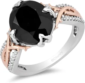 Jewelili Enchanted Disney Fine Jewelry Sterling Silver And 10K Rose Gold 1/10 Cttw And Black Onyx Maleficent Ring