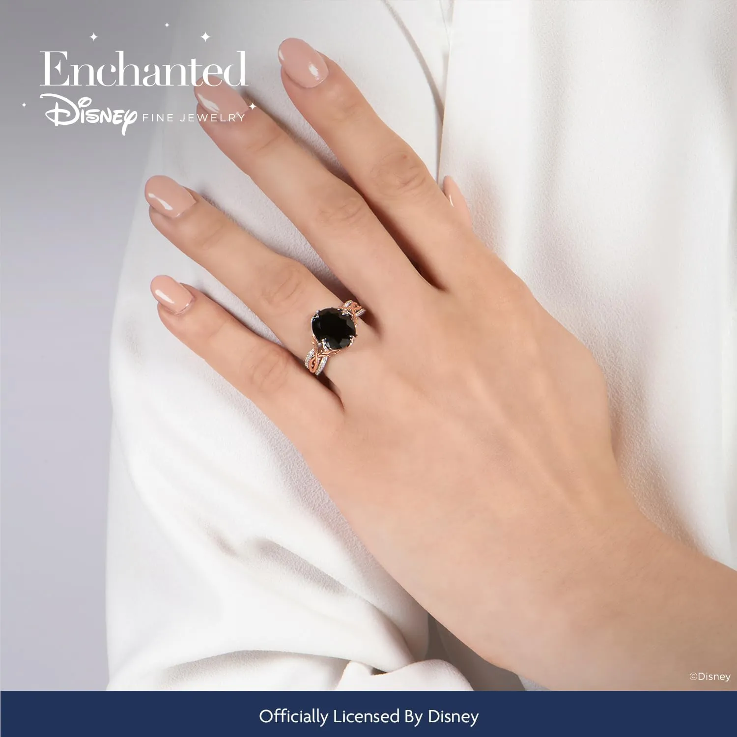 Jewelili Enchanted Disney Fine Jewelry Sterling Silver And 10K Rose Gold 1/10 Cttw And Black Onyx Maleficent Ring