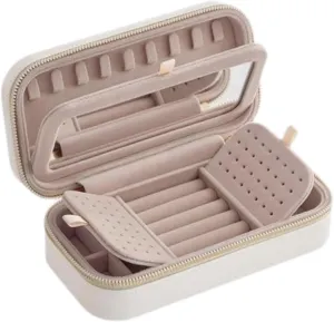 Jewelry Box with Mirror, Travel Jewelry Case Zipper Simple Rings Box Jewelry Organizer Container for Earrings Stud Necklace, White
