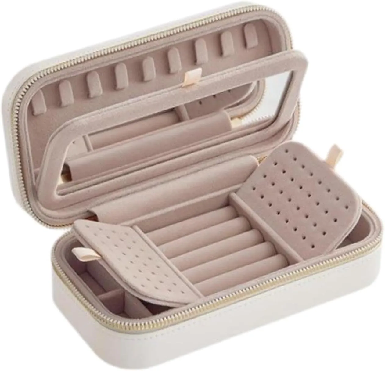Jewelry Box with Mirror, Travel Jewelry Case Zipper Simple Rings Box Jewelry Organizer Container for Earrings Stud Necklace, White