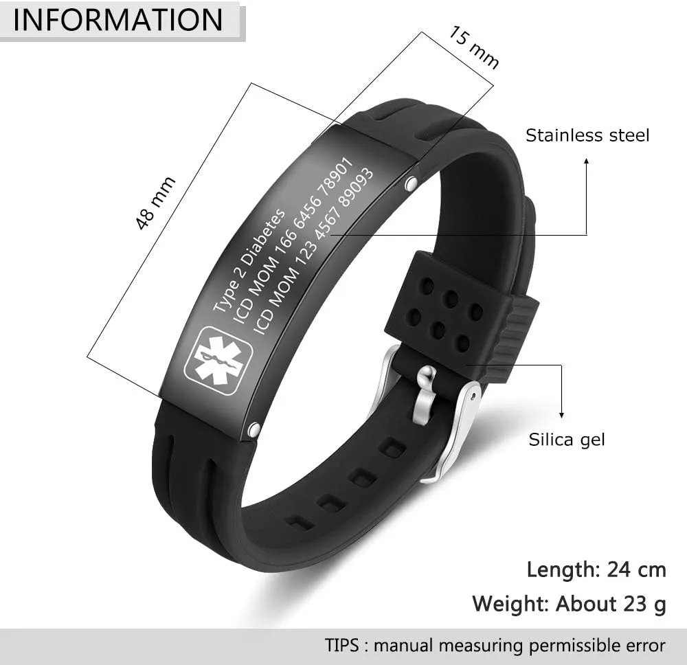Jewelstruck 9 Inches Medical Alert Bracelets for Women Men Medical Bracelets Silicone Adjustable Sport Emergency ID Bracelets Free Engraving Personalized Medical ID Bracelets for Women Men