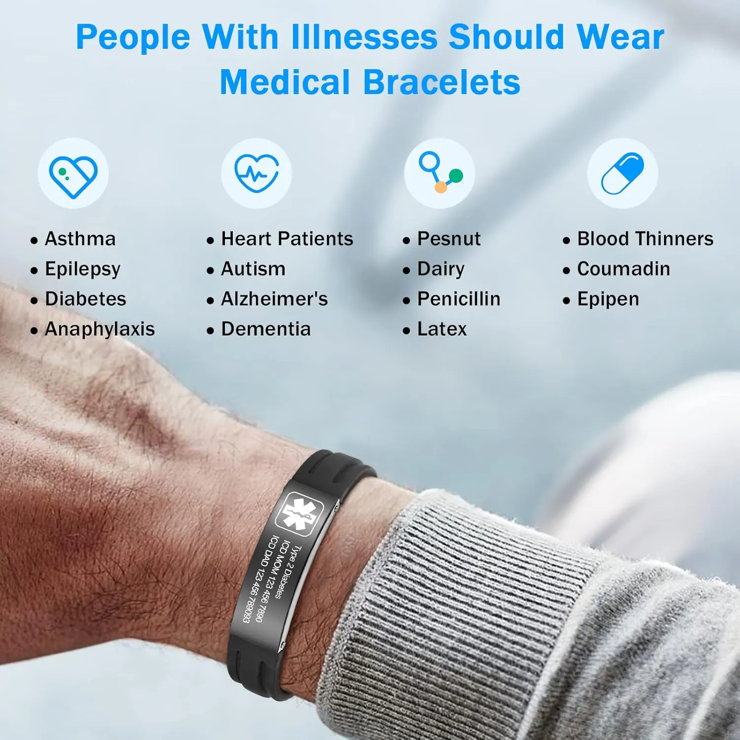 Jewelstruck 9 Inches Medical Alert Bracelets for Women Men Medical Bracelets Silicone Adjustable Sport Emergency ID Bracelets Free Engraving Personalized Medical ID Bracelets for Women Men