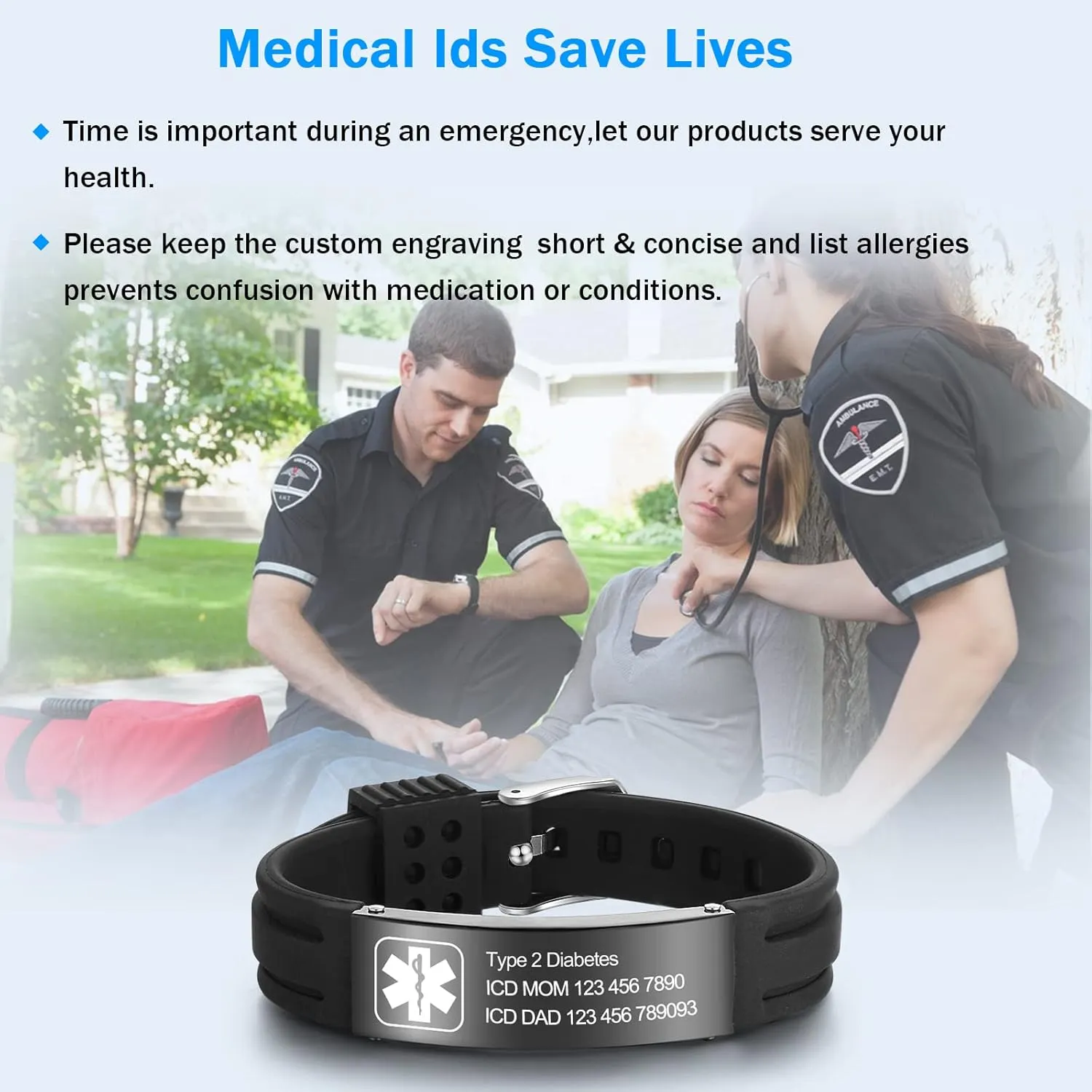 Jewelstruck 9 Inches Medical Alert Bracelets for Women Men Medical Bracelets Silicone Adjustable Sport Emergency ID Bracelets Free Engraving Personalized Medical ID Bracelets for Women Men