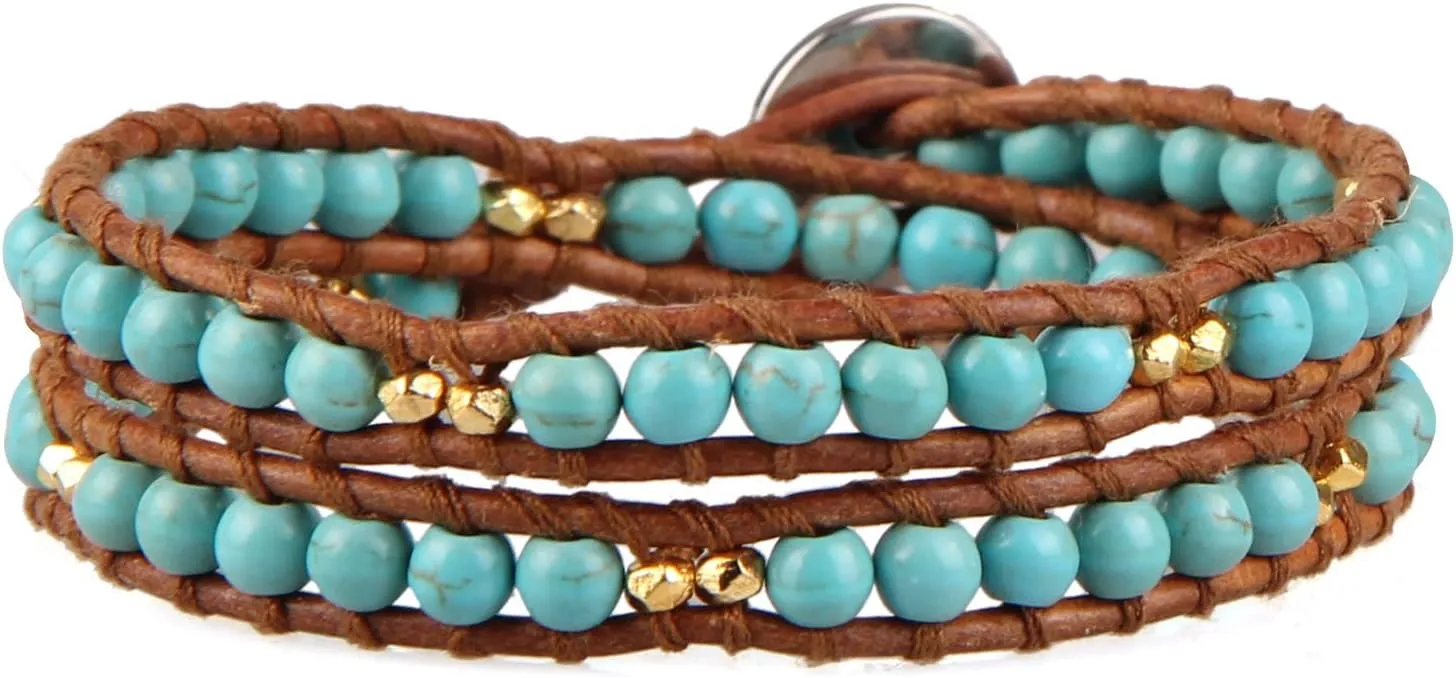 KELITCH Turquoise Beaded Bracelets 2 Wrap Leather Bracelets Fashion Jewelry