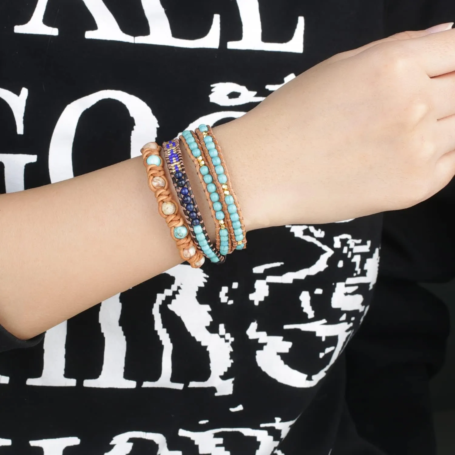 KELITCH Turquoise Beaded Bracelets 2 Wrap Leather Bracelets Fashion Jewelry