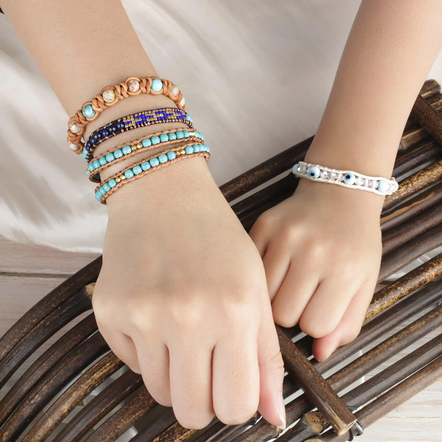 KELITCH Turquoise Beaded Bracelets 2 Wrap Leather Bracelets Fashion Jewelry