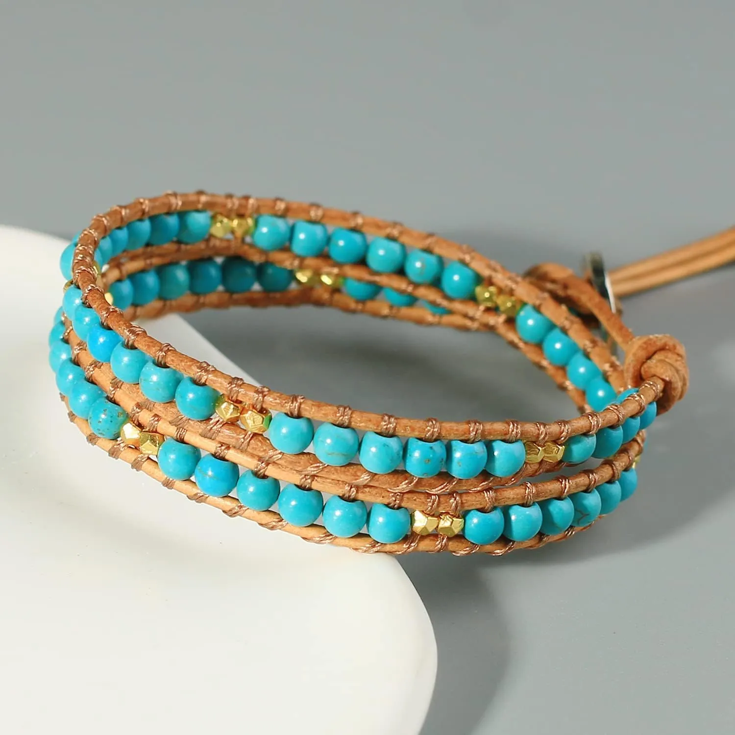 KELITCH Turquoise Beaded Bracelets 2 Wrap Leather Bracelets Fashion Jewelry