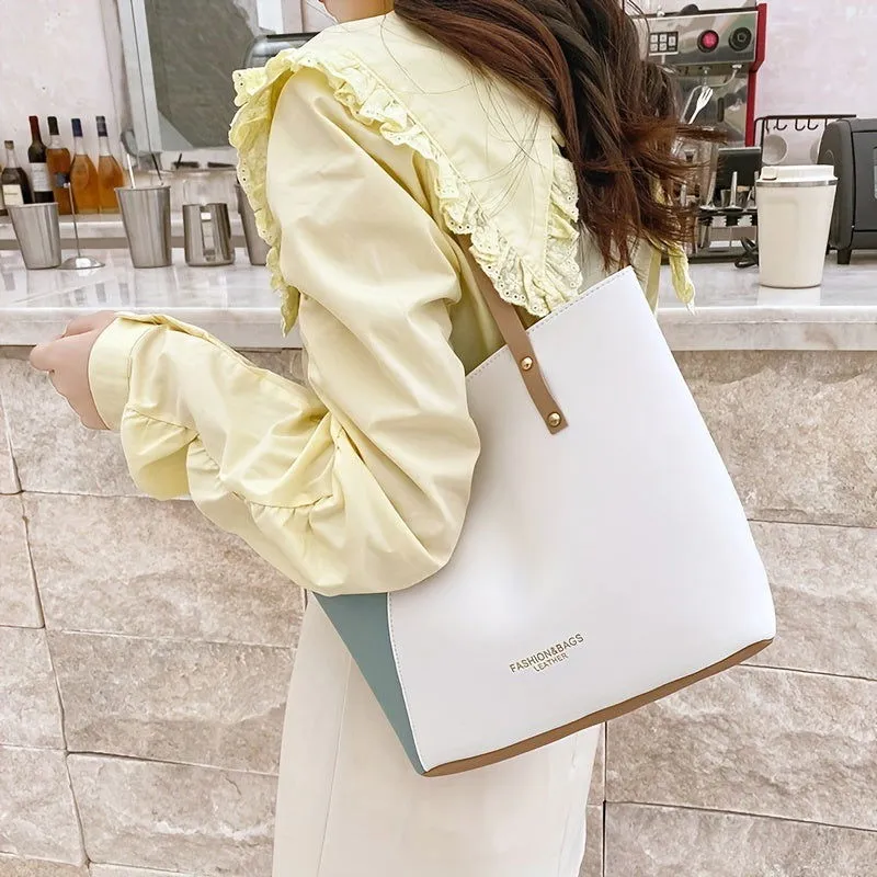 Large Capacity Two Tone Buckle Leather Handbags