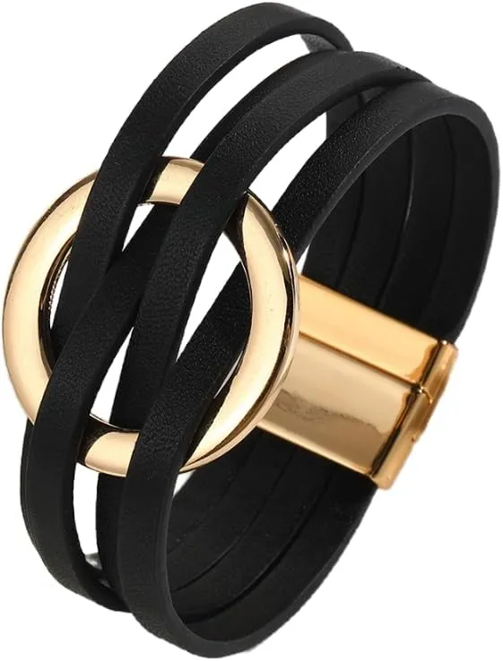 Leather Bracelets for Women Circle Charm Bangle Bracelets Leather Wrap Cuff Bracelet Boho Bracelets Multilayer Stackable Bracelets Costume Jewelry for Women