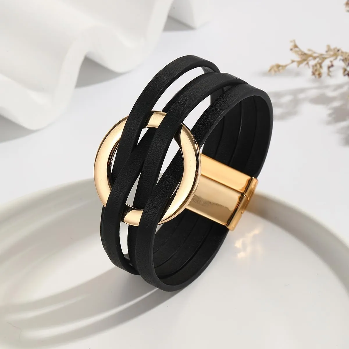 Leather Bracelets for Women Circle Charm Bangle Bracelets Leather Wrap Cuff Bracelet Boho Bracelets Multilayer Stackable Bracelets Costume Jewelry for Women