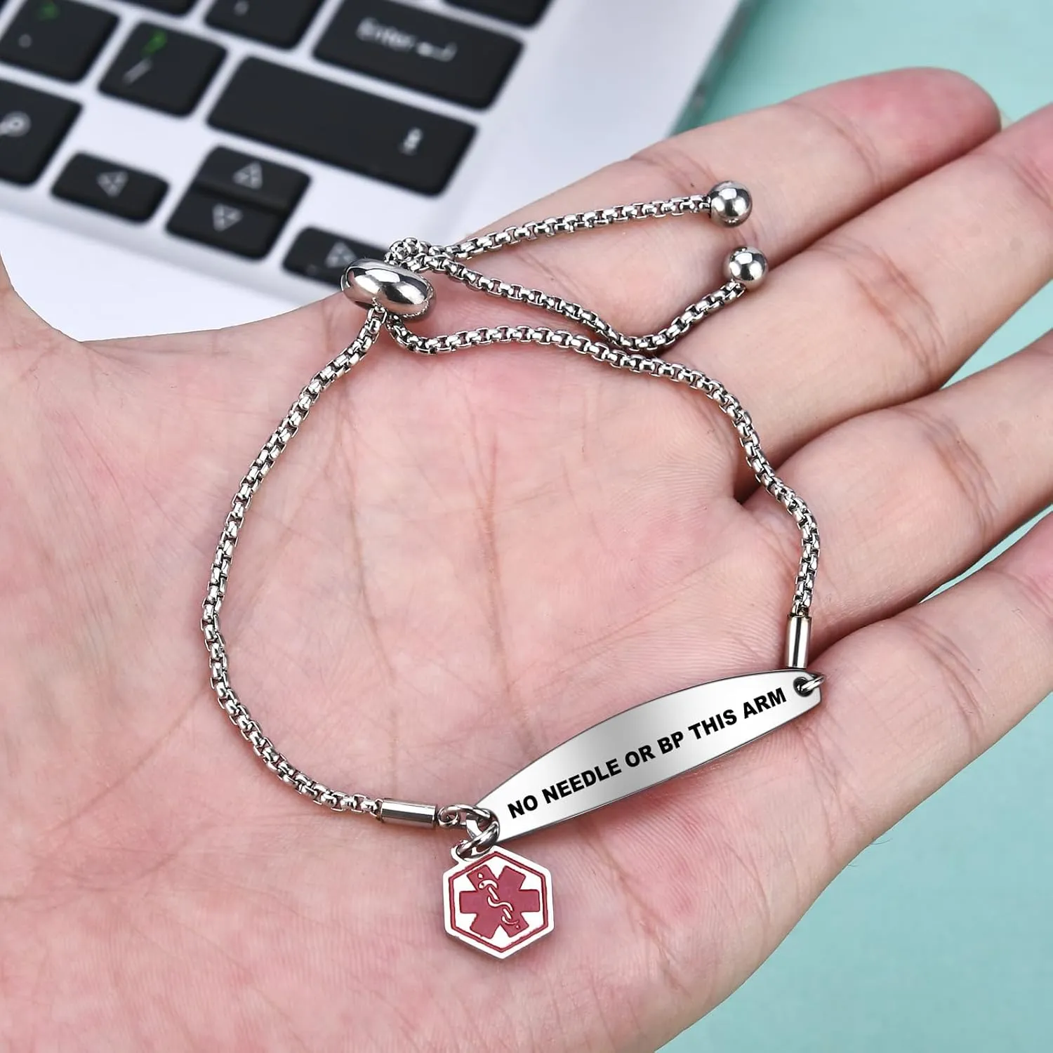 Medical Alert Bracelets for Women,Medical Id Bracelets with Free Laser Engraving,Stainless Steel Adjustable Wristband Bracelets Dual-Side Engraving