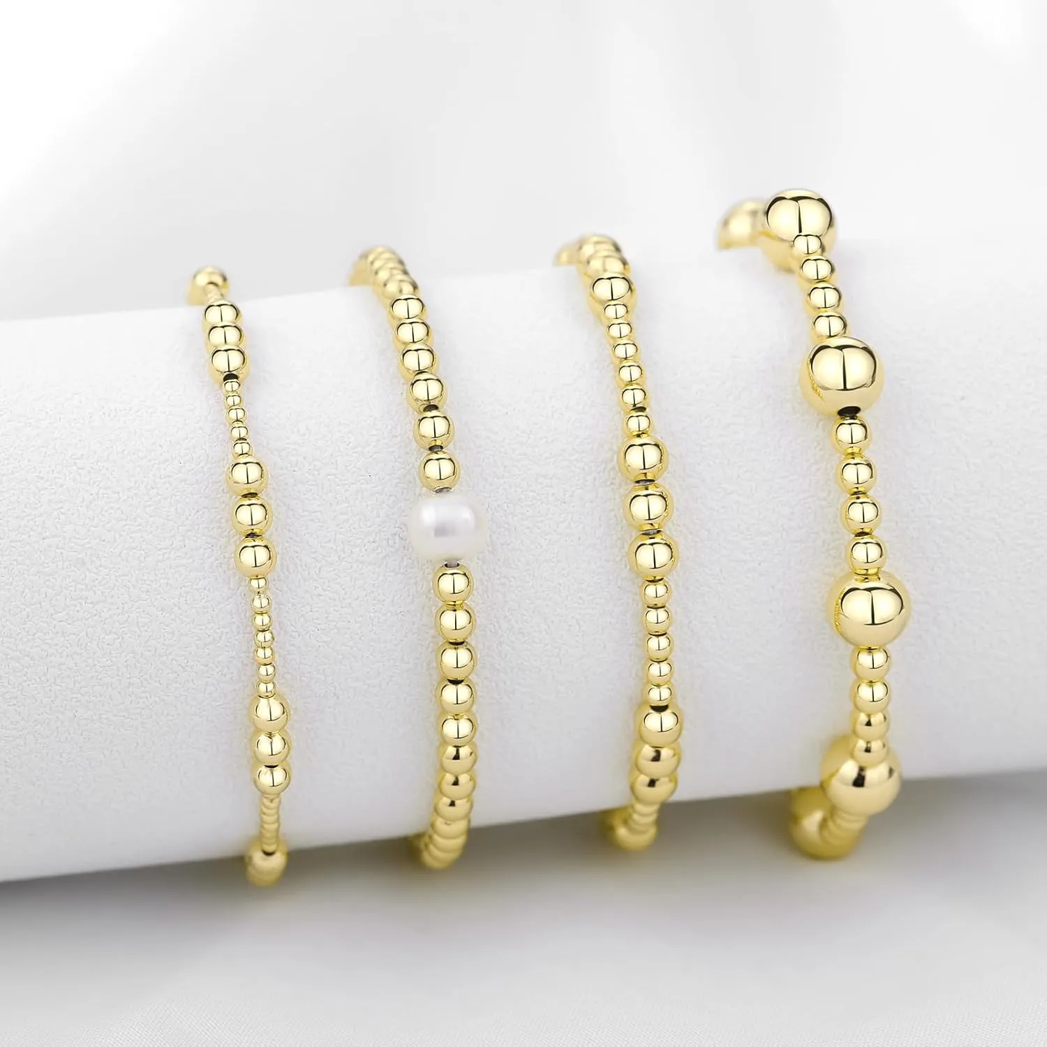 Oveta Gold Beaded Bracelets 18K Gold/Silver Plated Stackable Bracelets for Women Non Tarnish Stretch Bracelets Set