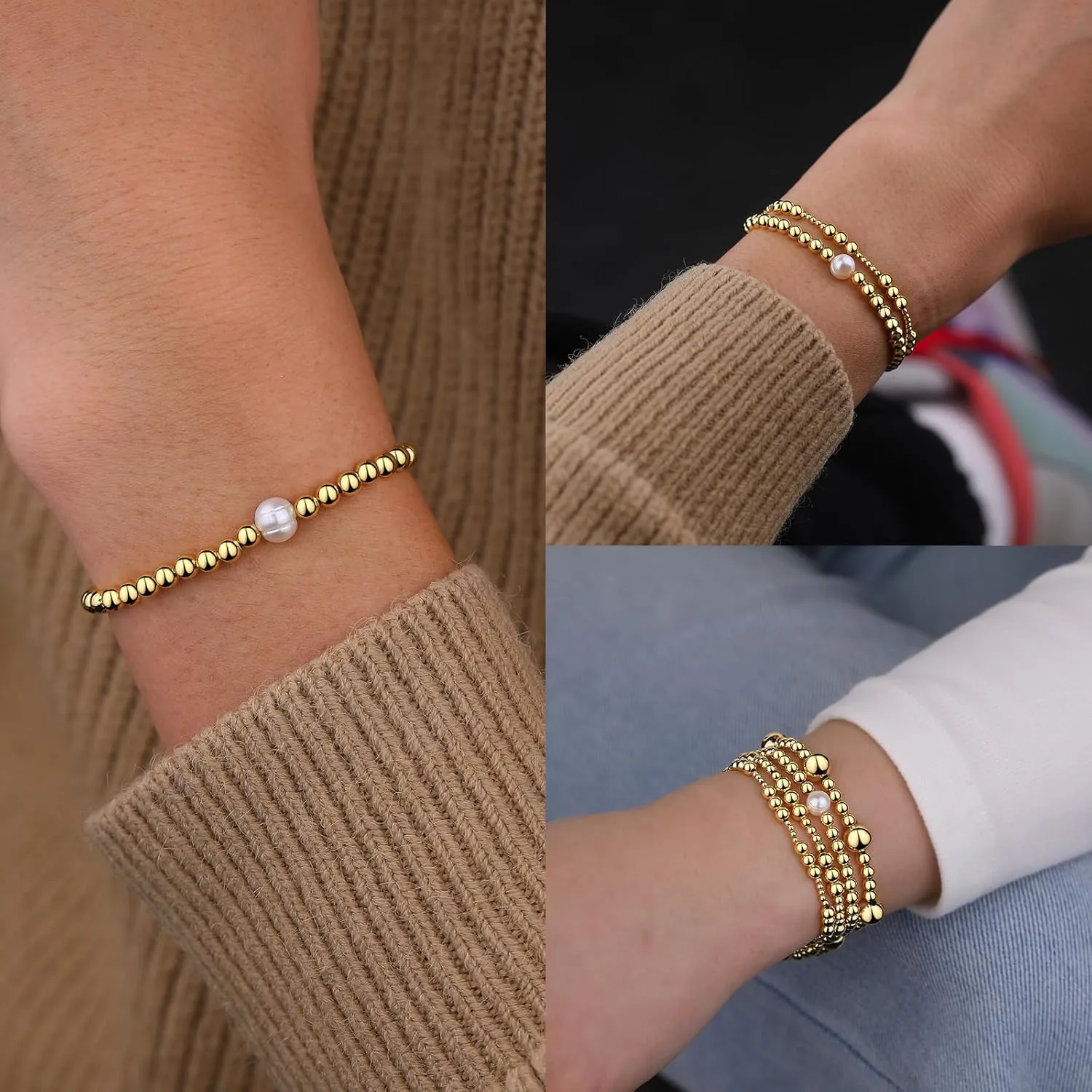 Oveta Gold Beaded Bracelets 18K Gold/Silver Plated Stackable Bracelets for Women Non Tarnish Stretch Bracelets Set