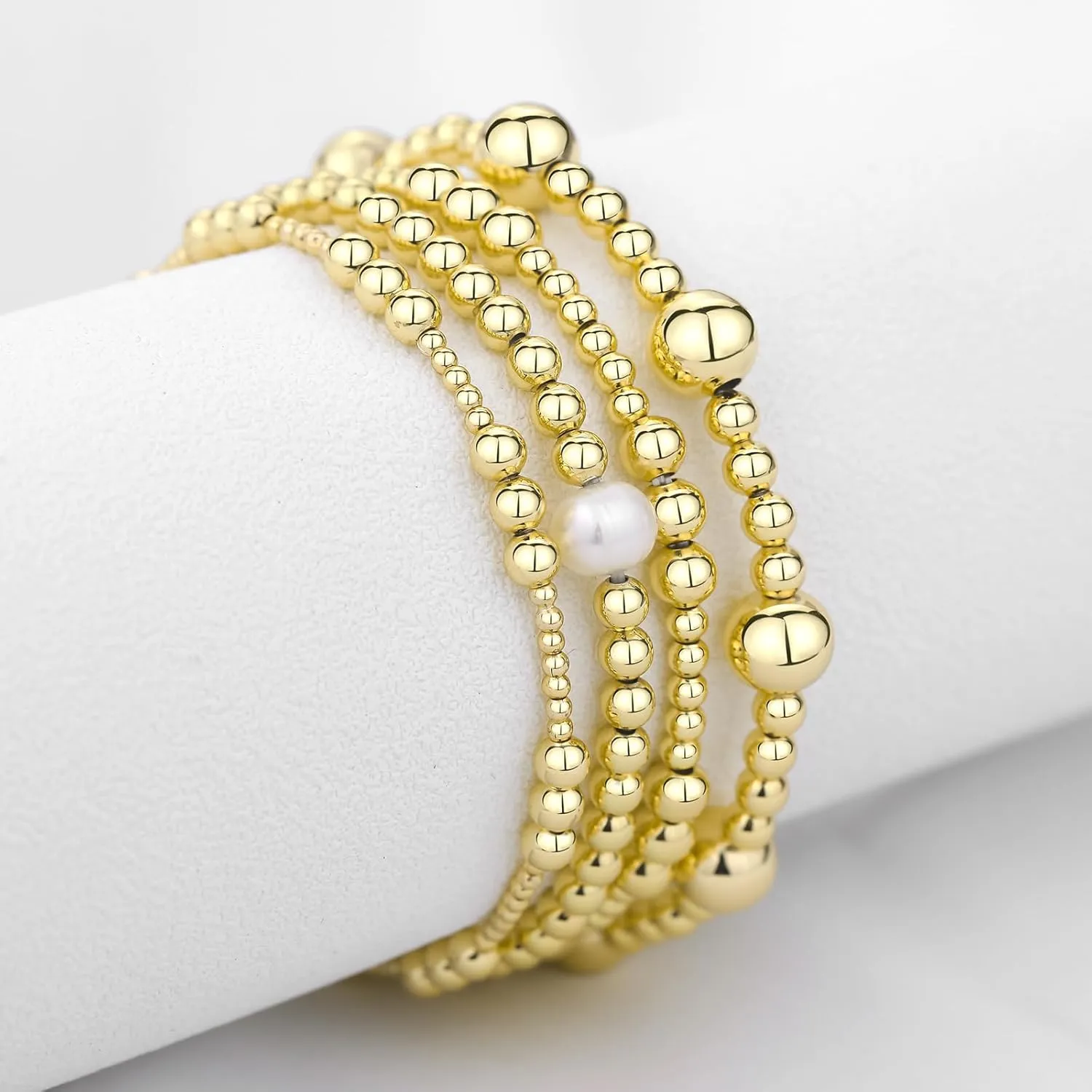 Oveta Gold Beaded Bracelets 18K Gold/Silver Plated Stackable Bracelets for Women Non Tarnish Stretch Bracelets Set