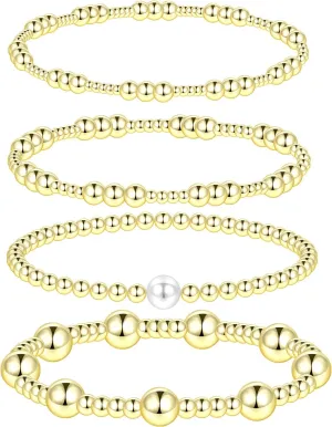 Oveta Gold Beaded Bracelets 18K Gold/Silver Plated Stackable Bracelets for Women Non Tarnish Stretch Bracelets Set