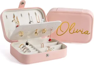 Personalized Jewelry Organizer Box, Jewelry Travel Zipper Case with Mirror for Ring Necklace Bracelet Earrings (Pink)