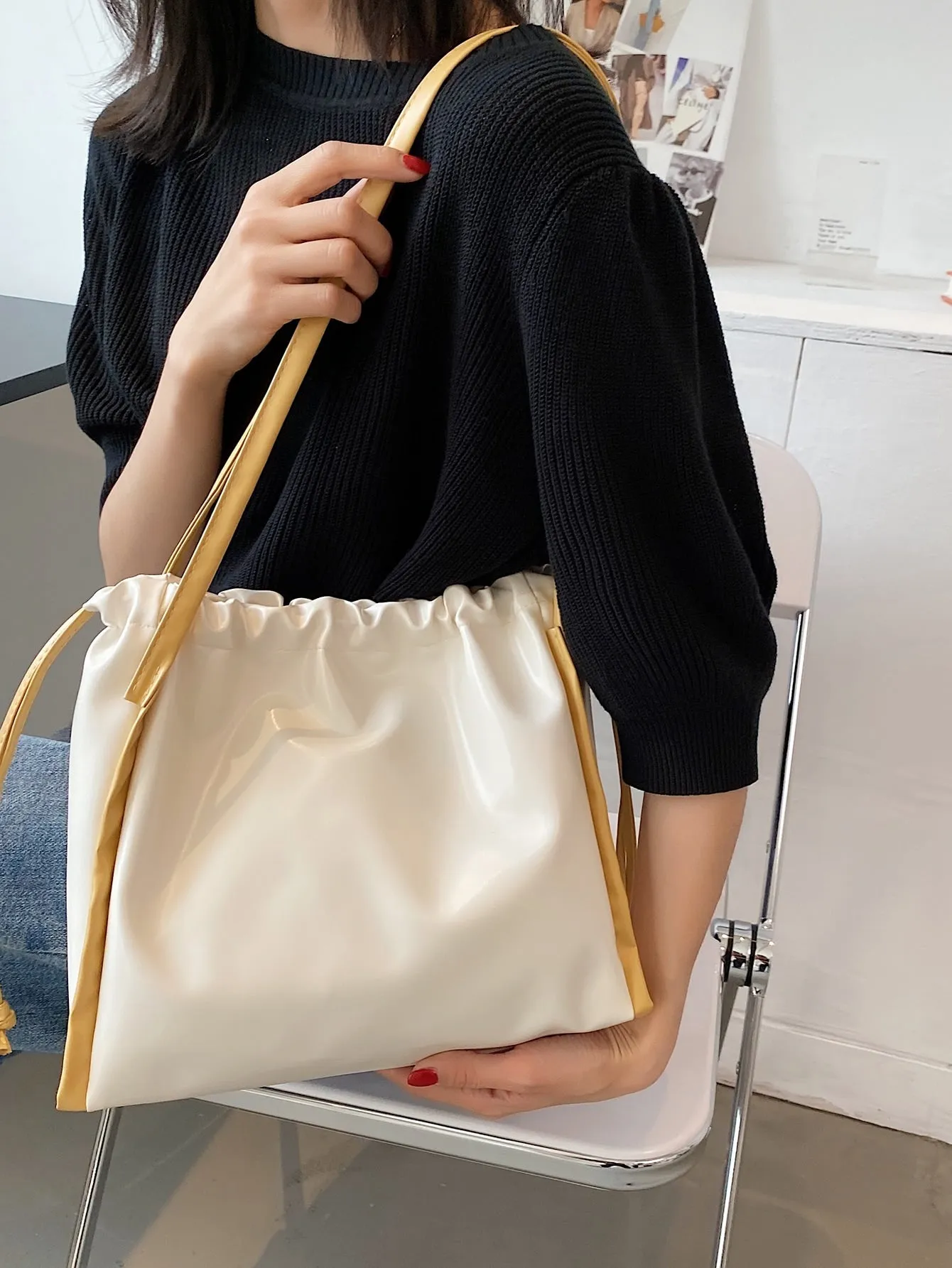 Two Tone Drawstring Shoulder Tote Bag