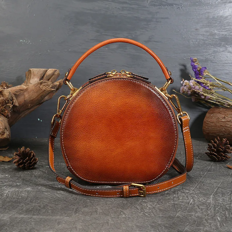 Vintage Cowhide Leather Round Shape Women Handbags 6222