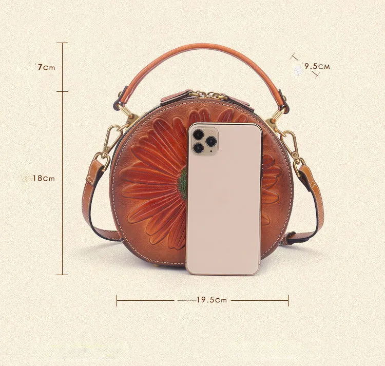 Vintage Cowhide Leather Round Shape Women Handbags 6222