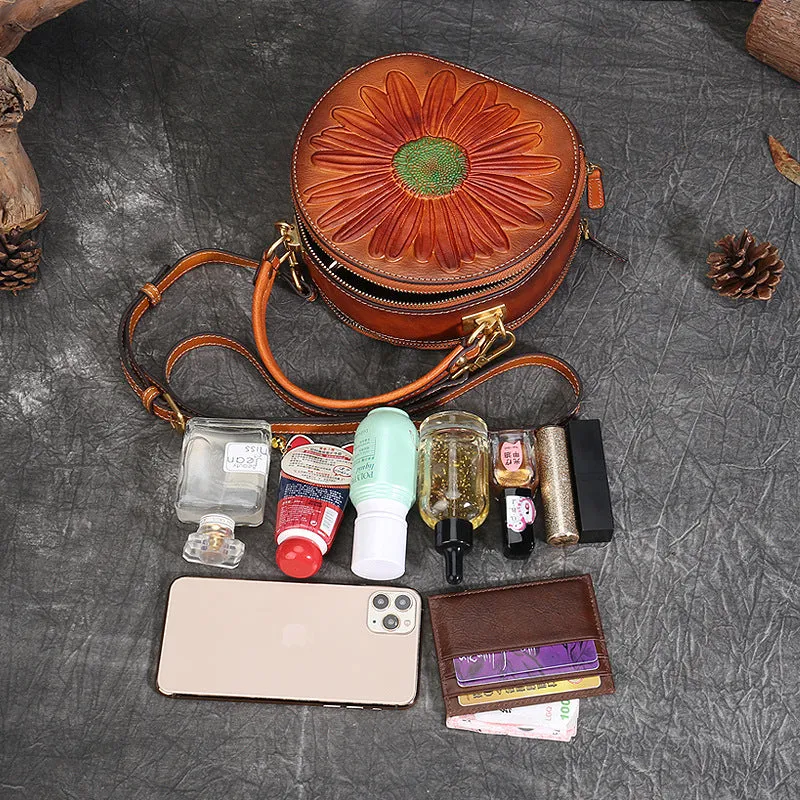 Vintage Cowhide Leather Round Shape Women Handbags 6222