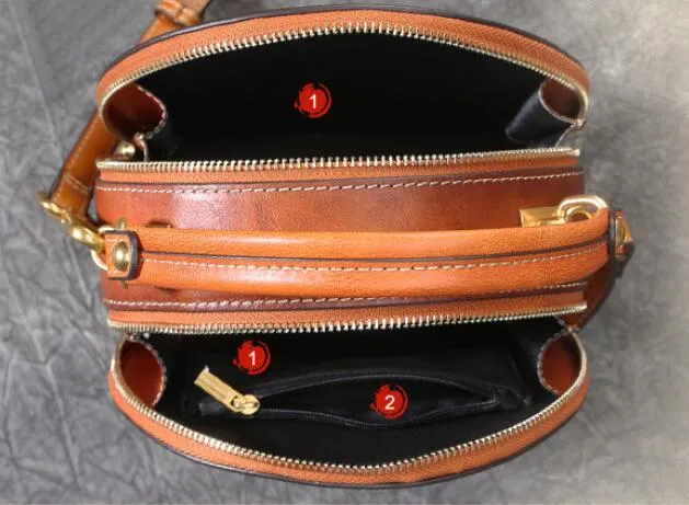 Vintage Cowhide Leather Round Shape Women Handbags 6222