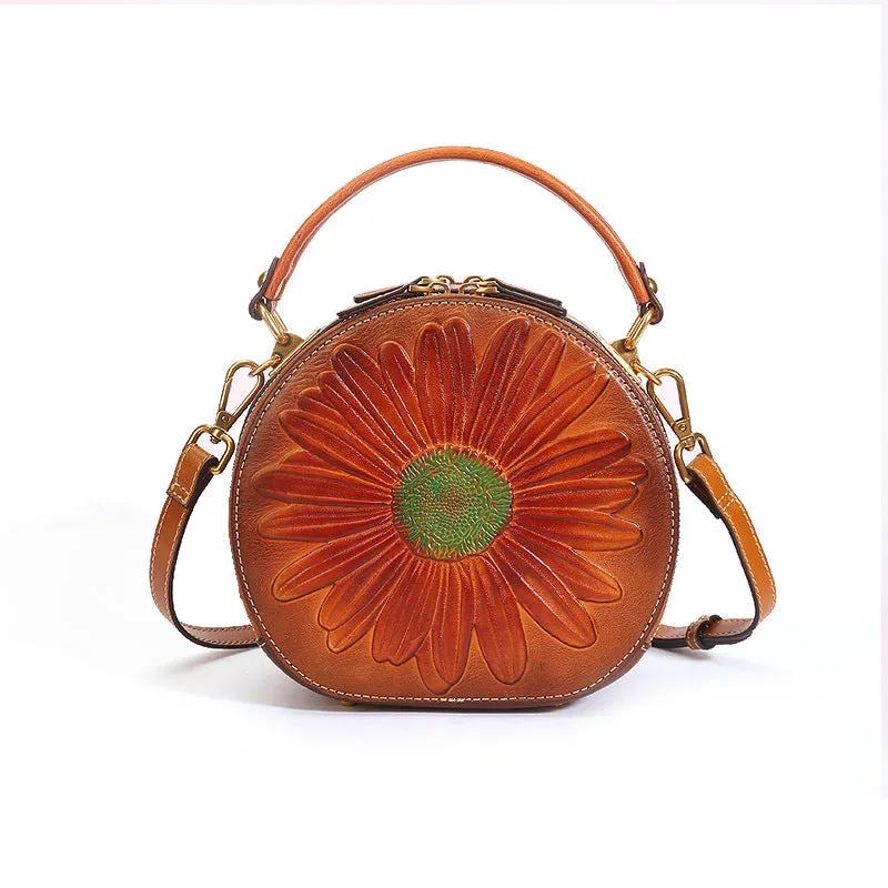 Vintage Cowhide Leather Round Shape Women Handbags 6222