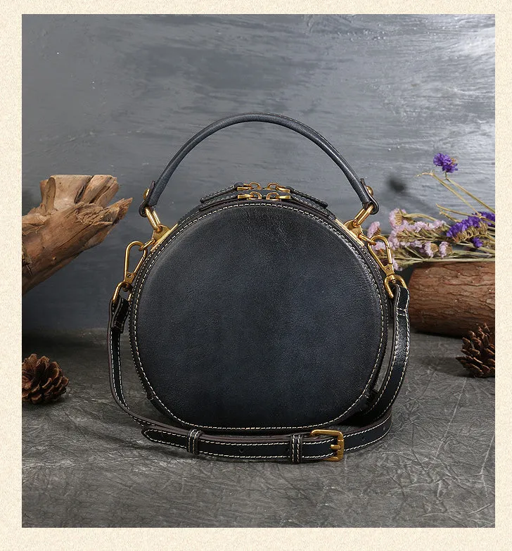 Vintage Cowhide Leather Round Shape Women Handbags 6222
