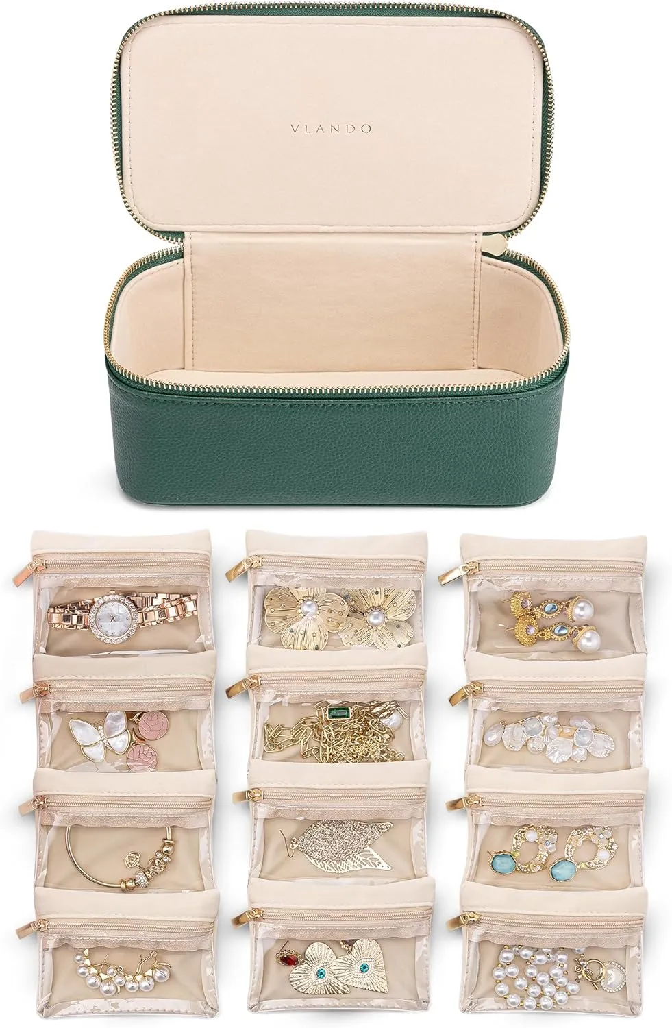 Vlando Gifts for Teachers,Jewelry Case with 12 Velvet Jewelry Bags Travel Jewelry Organzier for Travelers Necklace Rings Earrings Jewelry Bags Birthday Wedding Gifts (Green)